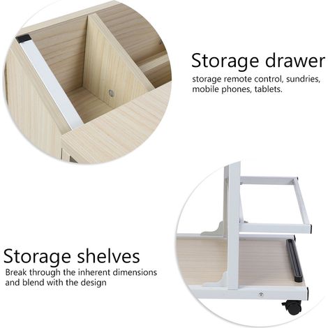 Bureau portable multifonctionnel et amovible pour ordinateur portable avec roulettes, tiroir, pour lit, canapé, livres et collations (blanc). (1/5)
