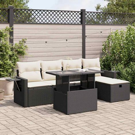 Ensemble Jardin 6 Places Résine Tressée Noir avec Coussins Crème - Salon Extérieur Modulaire Table et Sièges Rangement Intégré (1/5)