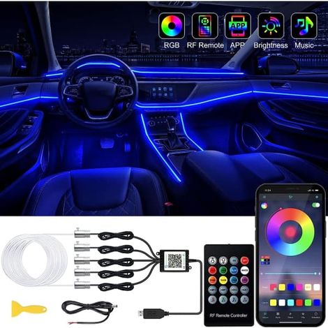 KLVGTIFS PU - Bande LED intérieure pour voiture avec application sans fil et télécommande, kit d'éclairage d'ambiance RGB 5 en 1 avec fibre optique de 236 pouces