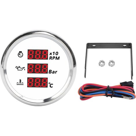 Digitales 52-mm-Wassertemperatur- und Öldruckmessgerät mit Hintergrundbeleuchtung, 3-in-1-LED-Anzeige-Drehzahlmesser für Boot, Yacht, Wohnmobil, LKW, Motorrad 810-00321 Weißes Zifferblatt Silberne Lün (1/5)