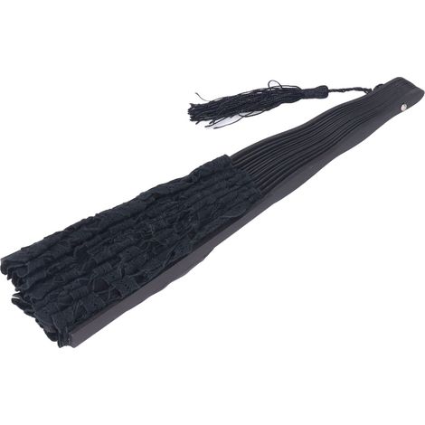 Éventail pliant style vintage en osier avec dentelle ajourée et pompon, idéal pour spectacle, décoration vestimentaire ou cadeau - Noir (1/5)
