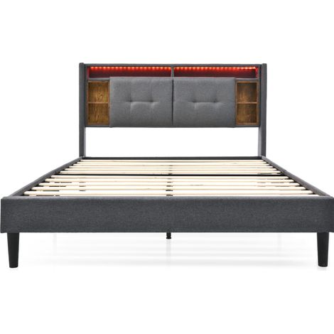 Lit double 160 x 200 cm gris avec tête de lit de rangement LED USB et prises en bois métal et lin (1/5)