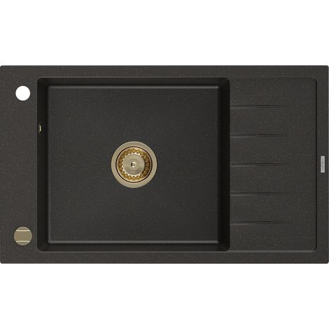 Mexen Elias lavello in granito a 1 vasca con scolapiatti 795 x 480 mm, nero/oro metallico, sifone dorato - 6511791005-75-G (1/5)