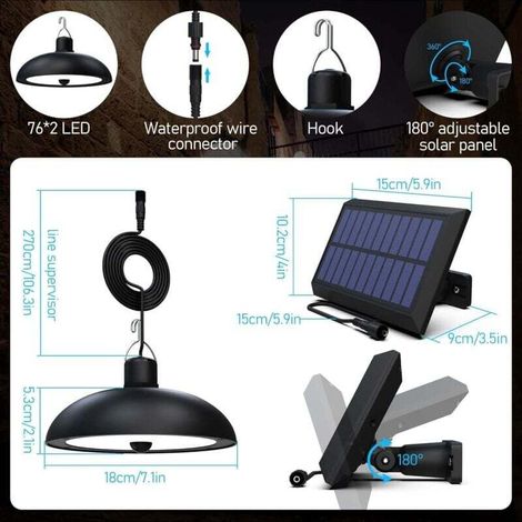 Lampes suspendues solaires d'extérieur à LED avec capteur de mouvement à énergie solaire réglable et télécommande IP67 étanche pour garage, tonnelle, hangar, camp, patio, poulailler, grange (1/3)