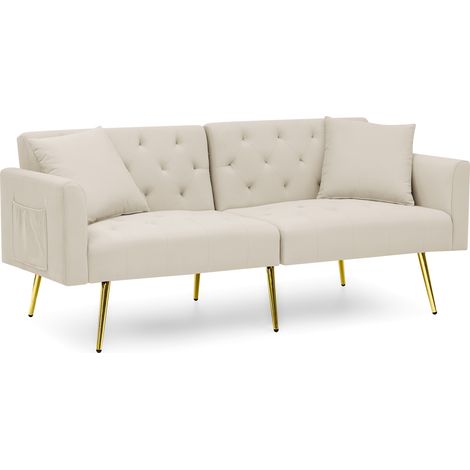 Canapé 2 places en velours beige avec dossier réglable 3 positions et pieds métalliques dorés (1/5)