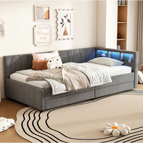 Lit chambre adulte rangement 90x200 LED USB MDF gris HAVRYA (1/5)