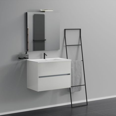 Inda - Badezimmerschrank 2 Schubladen L.80 mit Spiegelwaschbecken und Lampe - Glänzendes Weiß