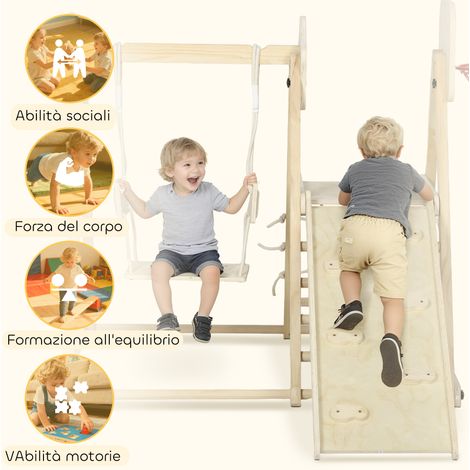 Ensemble de jeux d'escalade 5-en-1 pliable en bois avec toboggan, mur d'escalade, balançoire et panier de basket, dimensions 140x172.5x116.5 cm. (1/5)