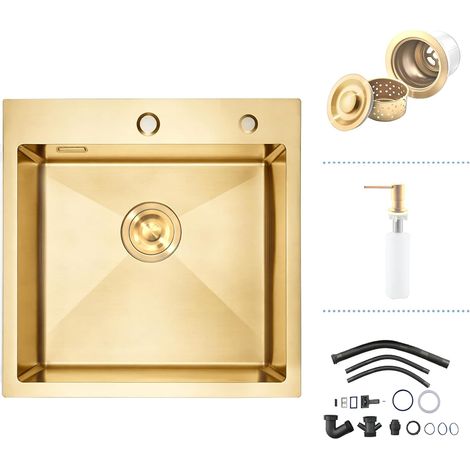 Gold Bar Évier Encastrable 50 x 50, Acier Inox Cal. 16, Doré, 1 Cuve Unique (1/5)