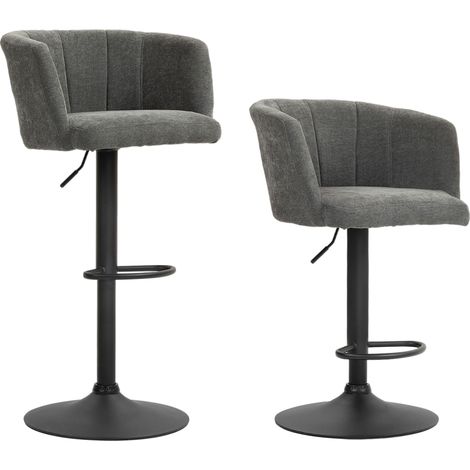 Lot de 2 tabourets de bar réglables en hauteur avec dossier coque et repose-pieds, tissu lin gris foncé (1/5)