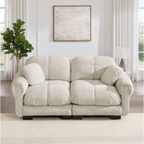 2-Sitzer Sofa Hellkhaki aus Chenille mit Steppnähten, modularem Aufbau und dick gepolsterten Kissen (1/5)