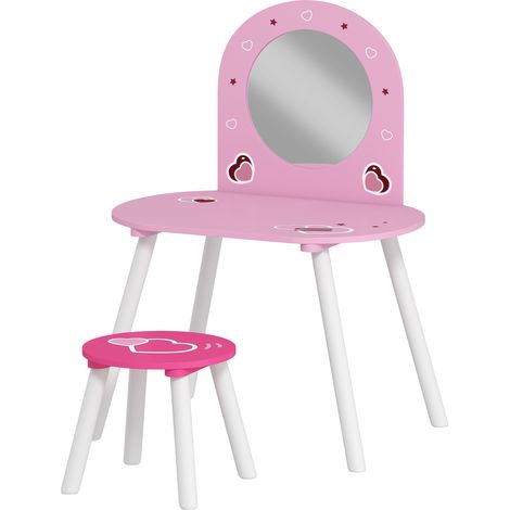Set Toeletta Trucco Bambina 3-6 Anni 60x43,5x83 cm con Sgabello Specchio Infrangibile Design con Cuori in MDF Rosa (1/5)