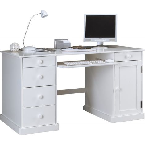 Bureau Gamer Blanc 1 Porte 5 Tiroirs