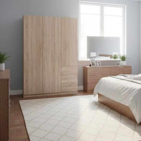 Armadio Guardaroba Vestiti 3 Ante Battenti 4 Ripiani E 3 Cassetti Con Barra Appendiabiti Salvaspazio Per Camera Da Letto Stanza Matrimoniale Design Moderno 200 x 52 x 135 Cm Colore Rovere Canadese - C (1/5)