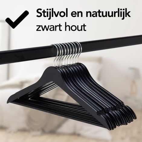10 grucce in legno nere - Gruccia con tacca e barra per pantaloni - Gancio in metallo - Adulti - 10 pezzi - Nero (1/5)