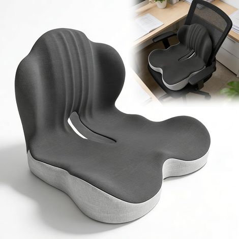 Ergonomic Seat Cushion with Backrest, L-Shaped Memory Foam Seat Pads with Lumbar Support and Pressure Distribution, Lumbar Cushion for Office Chair, Car and Wheelchair, Grey (1/5)
