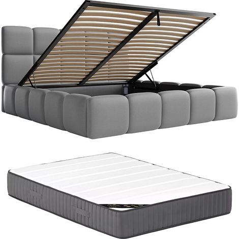 Letto con contenitore 140 x 190 cm Tessuto effetto pelle Grigio + Materasso DAMADO di PASCAL MORABITO