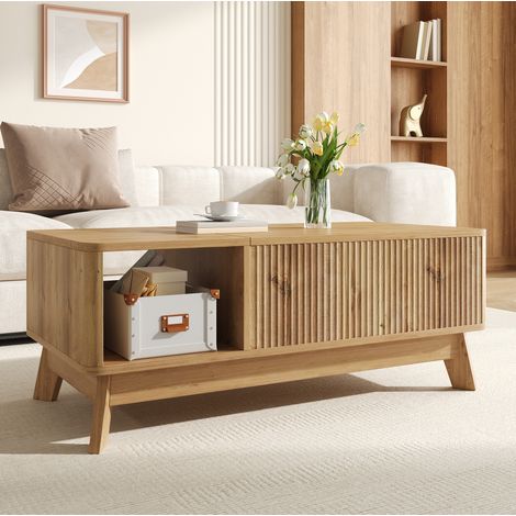 Couchtisch mit Hubfunktion, Wellenoptik, offenes Seitenfach, MDF-Material, Moderner Stil (1/5)