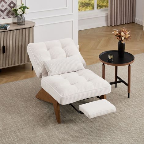 Loungesessel mit Verstellbarer Rückenlehne und Fußstütze, Inkl Lendenkissen, Massivholzbeine, Cord, Beige