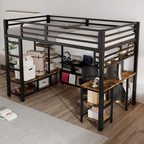 Lit mezzanine 120 x 200 cm avec bureau intégré et étagère de rangement, métal et bois,lattes stables, noir et noyer foncé (1/5)