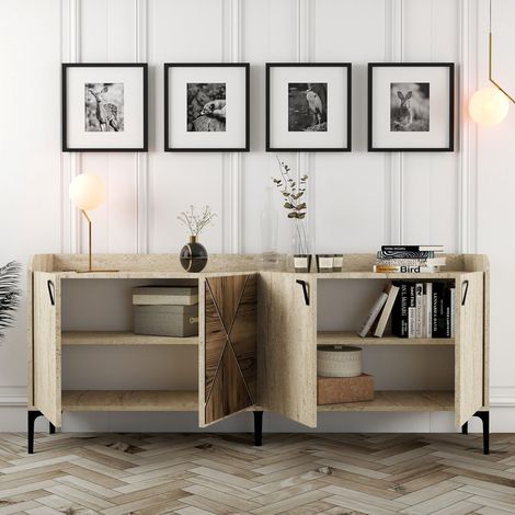 Credenza Roatto, Madia 2 Ripiani, 4 Vani, 4 Ante, 180x35x78h cm Beige Marmo (1/5)