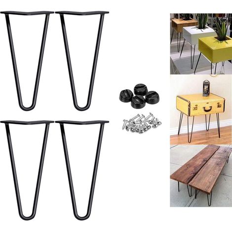 pieds de table en métal de 10 pouces, pieds en épingle à cheveux de 25 cm, 2 pôles noirs, 10 mm, adaptés pour table basse, banc, bureau, meubles de bricolage avec patins de protection et vis (ensemble