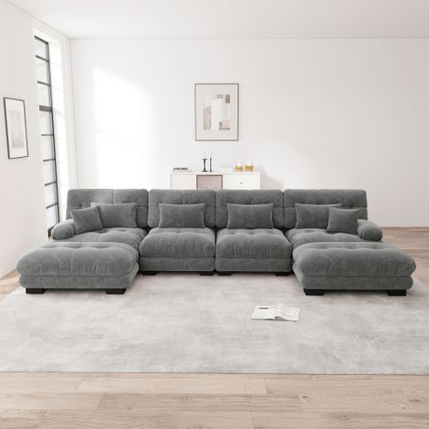 Modulares Ecksofa, U-förmiges Couch Set für Wohnzimmer, 4-Sitzer Komfortable Cloud Couches mit beweglichem Ottoman, DIY-Kombination, Chenille, Grau 
WL