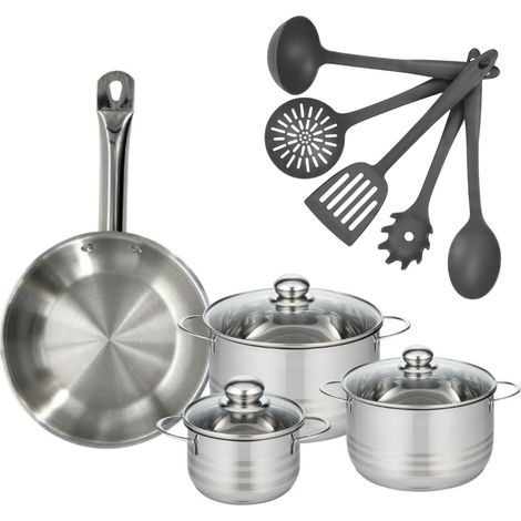 Set poêle 28 cm en inox, 3 faitouts inox 16, 20 et 24 cm et 5 ustensiles Fackelmann Eterna (1/5)