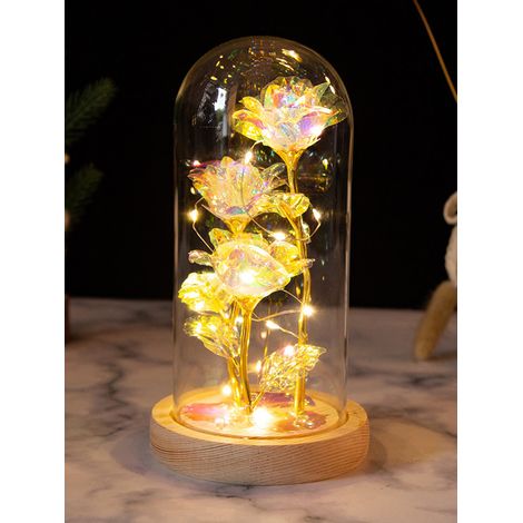 Lampe LED bois naturel blanc chaud, 3 fleurs dorées, abat-jour en verre, cadeau Noël Saint-Valentin anniversaire (piles AAA non incluses) (1/5)