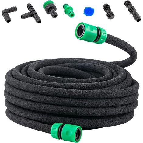 Tuyau suintant de 25 m avec 11 raccords – Tuyau goutte-à-goutte en caoutchouc perméable de 1/2 pouce pour l'irrigation du jardin (1/4)
