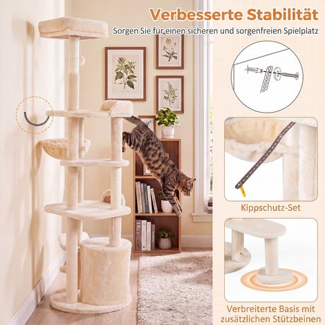 Arbre à chat beige multi-niveaux avec poteaux en sisal, plateformes douces et niches, pour intérieur, salon et chambre (1/5)