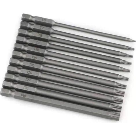 Jeu de 11 embouts longs Torx pour tournevis et visseuse électrique - Embouts magnétiques - Tige hexagonale de 1/4" - Tailles T6 à T (1/4)