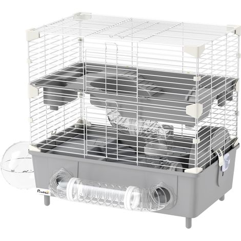 Cage hamster 2 niveaux 3 portes avec roue et tubes, acier PS PP gris blanc 44,5x28x44 cm