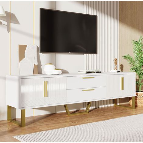 Mueble TV blanco brillante 170 x 40 x 53,5 cm, 4 puertas, 2 cajones, dorado DESVIAE (1/5)