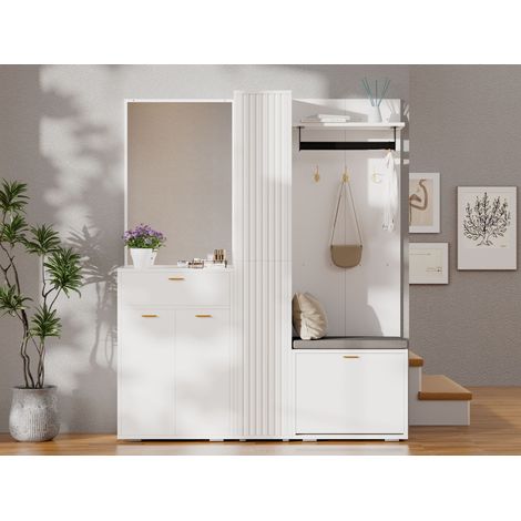 DESMIU Meuble d'entrée avec miroir, 3 portes, 1 tiroir, range-chaussures basculant, banc, 150 × 36 × 180 cm (1/5)