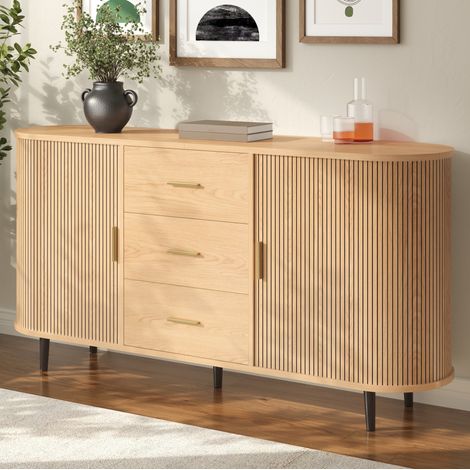 Buffet 160x40x80,5 cm avec 3 tiroirs et portes coulissantes, étagères réglables, MDF pour salle à manger - naturel (1/5)