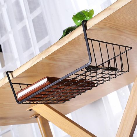 Corbeille de rangement sous meuble GeRRiT, sans perçage, organiseur stable sous bureau, capacité 4,5 kg, anti-poussière, boîte de bureau noir taille L, tiroir suspendu robuste (1/5)