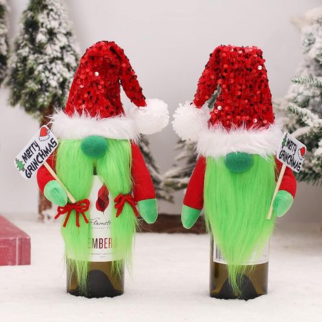 Lot de 2 housses de bouteille de vin en peluche avec des gnomes de Noël - Motif monstre vert, décorations en peluche avec inscription « Joyeux Grinchmas », décorations festives pour dégustation de vin (1/5)