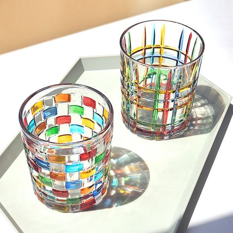 Set mit 10 handbemalten Kristall-Whiskygläsern (320 ml), mattiertes Muster, Größe 10 x 9 cm, Schaumstoffverpackung
