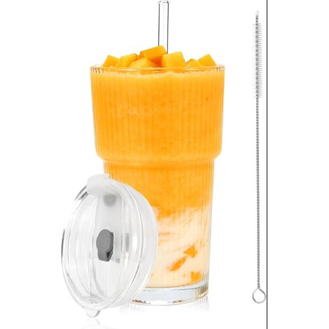 Vertical Pattern Glass Tumbler with Lid and Straw, Airtight and Leakproof Design Perfect for Coffee, Smoothies, Cocktails Piece (1/5)
