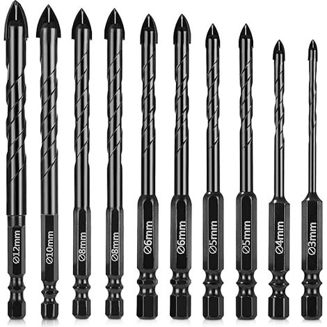 Juego de brocas para azulejos, 10 piezas, brocas helicoidales de carburo de tungsteno, broca para vidrio, broca para azulejos con vástago hexagonal, para azulejos de cerámica, hormigón, vidrio, plásti (1/5)