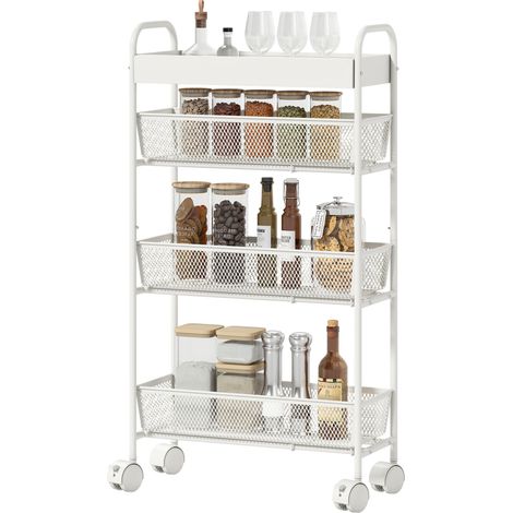 Chariot de cuisine en métal, 3 paniers, design étroit, 4 roues, pour cuisine, salon, salle de bain, blanc (1/5)