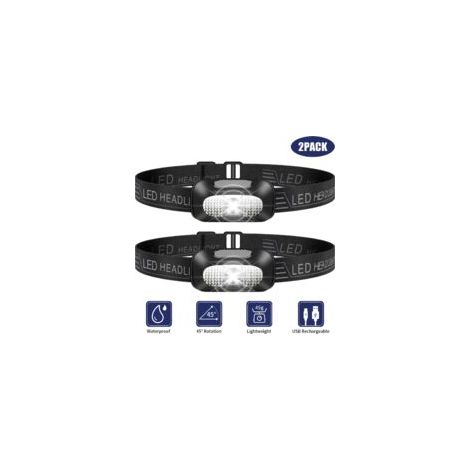 Lampe frontale LED, lampe frontale légère 2 pièces, lampe frontale étanche rechargeable USB super brillante pour le camping, la pêche, la course, le jogging, la randonnée, la lecture, le travail  - Cr