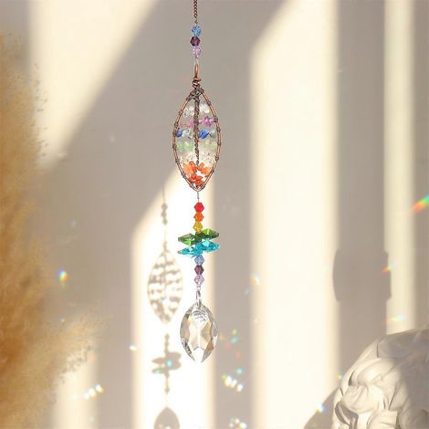Ornements en verre « Arbre de vie » avec attrape-soleil en cristal arc-en-ciel et perles de chakra à suspendre à la fenêtre (1/4)
