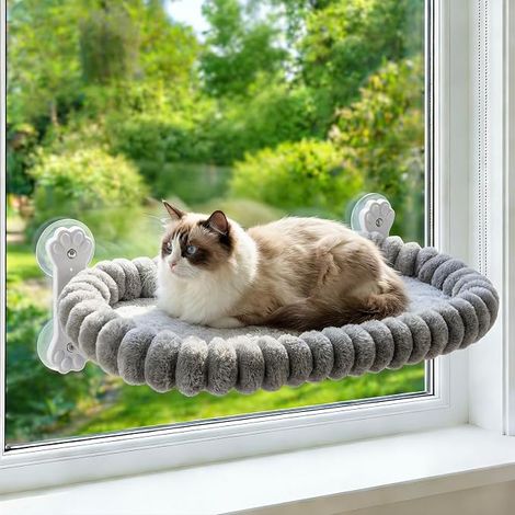 Cat Window Perch, Folding Window Hammock with 4 Side Bolster and 4 Large Suction Cups, Window Bed for Indoor Cat (Gray, L(23.6x11.8inch) (1/5)