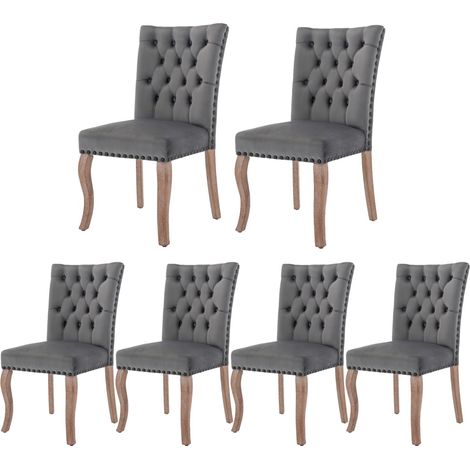 Chaise salle à manger 6 pièces velours gris - Dossier heurtoir, rembourrage clouté, pieds bois massif - Cuisine/salon (1/5)