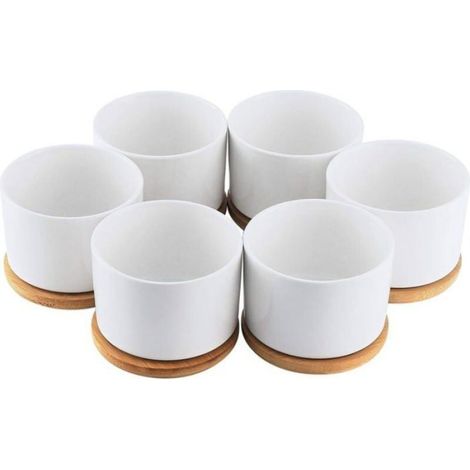 Pot de Succulent en Céramique Blanc Pots de Fleurs Petit Pot Conteneuravec Plateau en Bamboo(6pcs) Odipie (1/3)