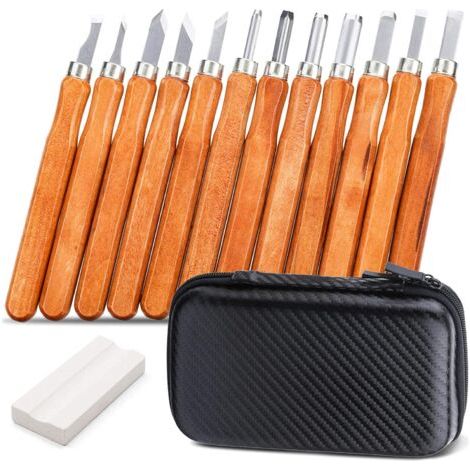 Ciseaux à bois, kit d'outils de gravure, ciseau en acier avec manche en bois, pour débutant / amateur / bricolage / sculpteur / cire / poterie, avec pierre à aiguiser / sac de rangement