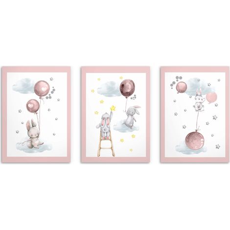 Lot d'affiches pour enfants Lapins Ballons rose pastel Images 50x70 (1/5)