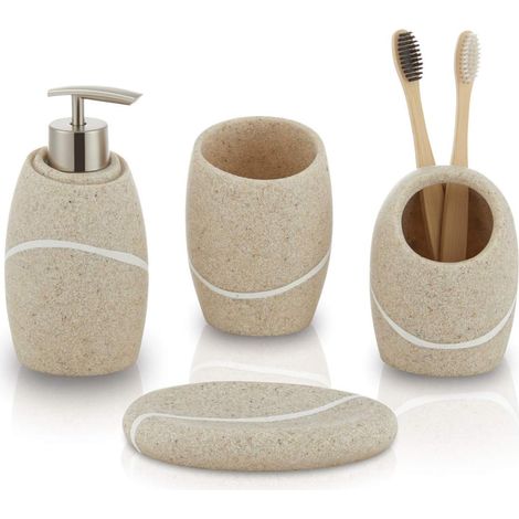 1 - Ensemble Accessoires Salle De Bain - Distributeur Savon Porte-brosse Gobelet Porte-savon - Organisation Décoration Hôtel Spa - Beige - 7,6x15,2cm